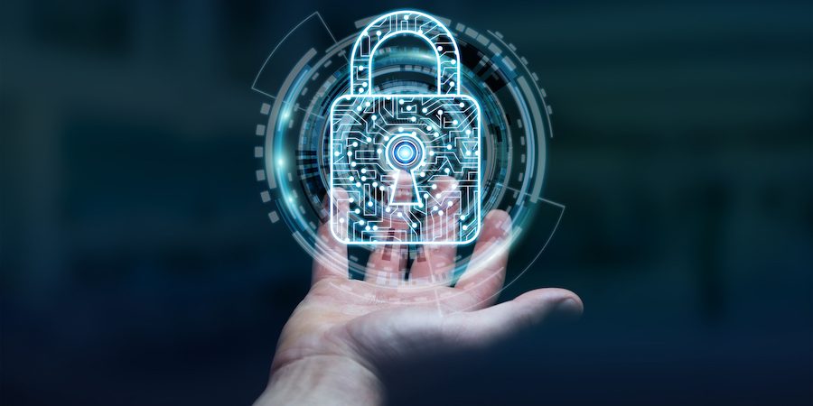 Businessman using digital padlock to secure his datas 3D rendering